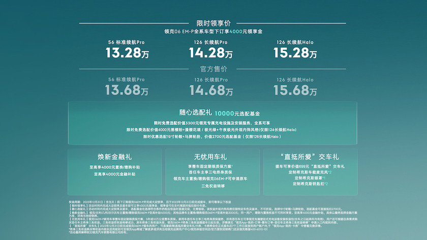 领克06 EM-P售价13.68-15.68万元，综合工况续航达1280km